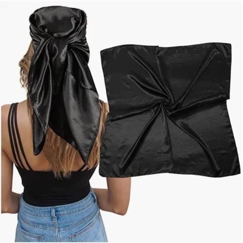 3PCS Black 35x35 Large Square Satin Silk Feel Hair Scarf Head Wrap‎ Set